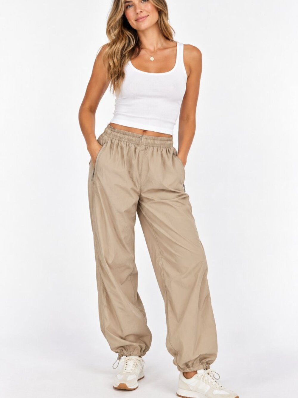 Abercrombie & Fitch Parachute Pants Womens L Tan Nylon Pull On Jogger Toggle